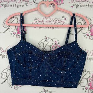 Garage polka dot denim jean crop top bustier style tank top blue white fitted